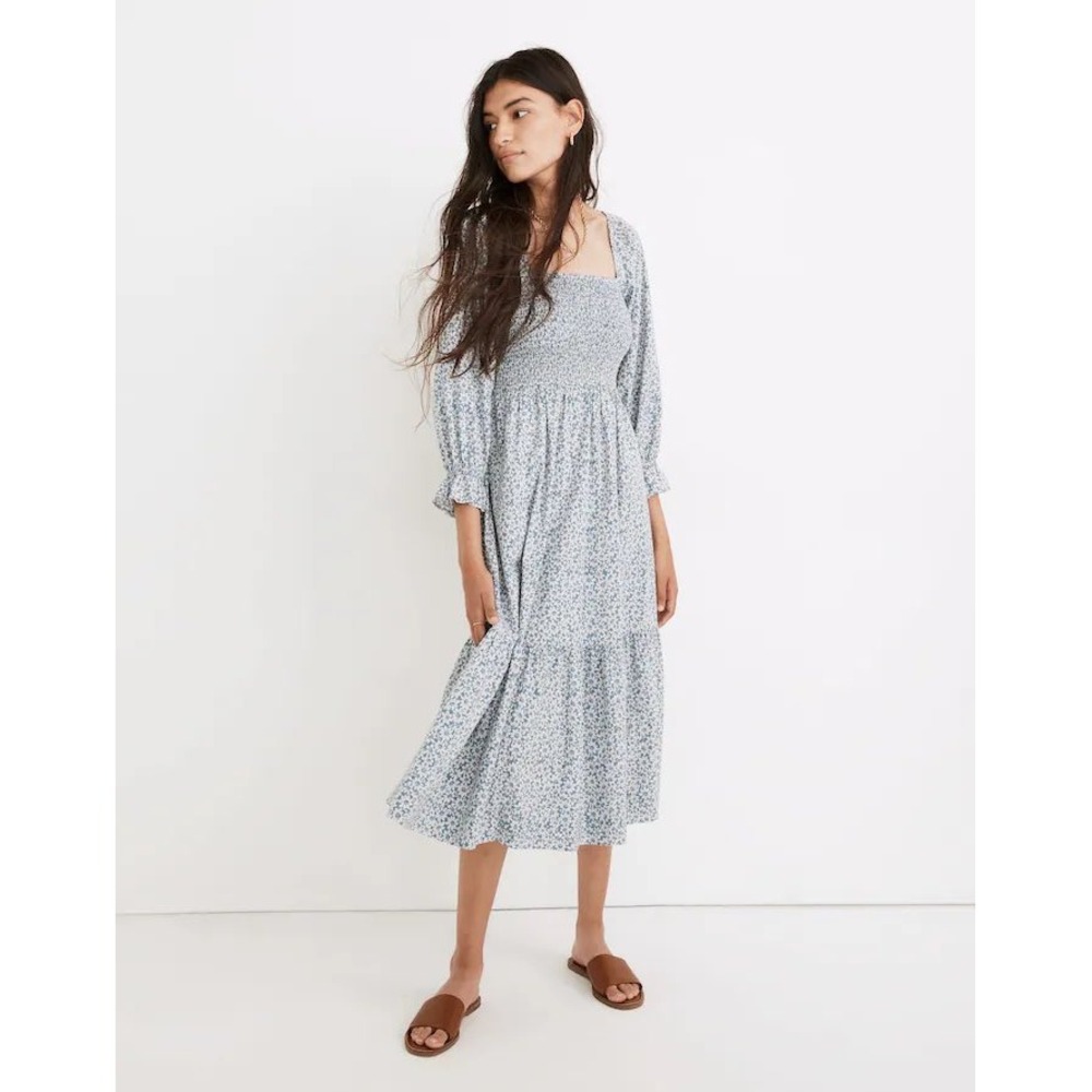 Madewell Lucie Elbow-Sleeve Smocked Midi Dress in Sunflower Field Blue Medium